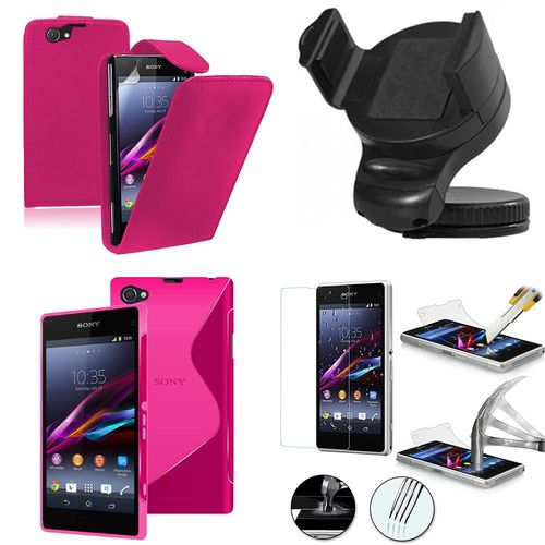 Sony Xperia Z1 Compact D5503: Lot Coque Etui Housse Pochette Accessoires Silicone Gel Simili Cuir Couleur: Rose + 1 Support Voiture + 1 Film Verre Trempé