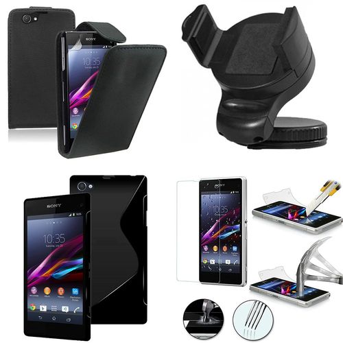 Sony Xperia Z1 Compact D5503: Lot Coque Etui Housse Pochette Accessoires Silicone Gel Simili Cuir Couleur: Noir + 1 Support Voiture + 1 Film Verre Trempé