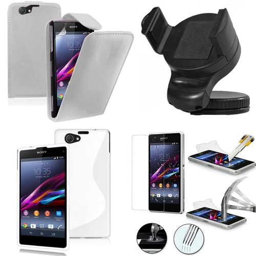 Sony Xperia Z1 Compact D5503: Lot Coque Etui Housse Pochette Accessoires Silicone Gel Simili Cuir Couleur: Blanc + 1 Support Voiture + 1 Film Verre Trempé