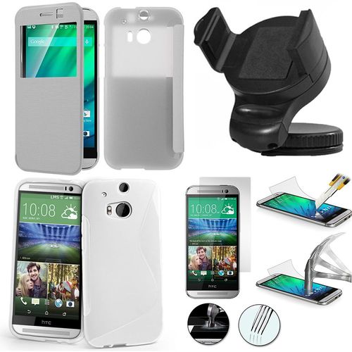 Htc One (M8)/ One M8s/ Dual Sim/ (M8) Eye/ M8 For Windows: Lot Coque Etui Housse Pochette Accessoires Silicone Gel S-View Couleur: Blanc + 1 Support Voiture + 1 Film Verre Trempé
