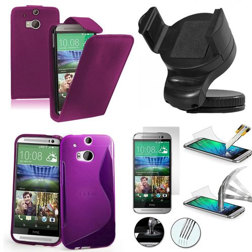 Htc One (M8)/ One M8s/ Dual Sim/ (M8) Eye/ M8 For Windows: Lot Coque Etui Housse Pochette Accessoires Silicone Gel Simili Cuir Couleur: Violet + 1 Support Voiture + 1 Film Verre Trempé