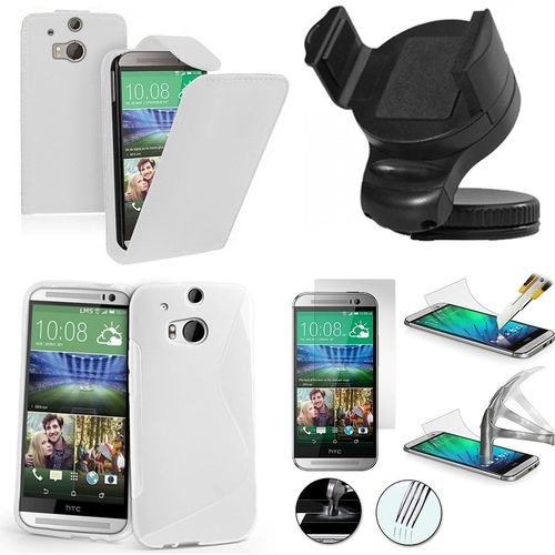 Htc One (M8)/ One M8s/ Dual Sim/ (M8) Eye/ M8 For Windows: Lot Coque Etui Housse Pochette Accessoires Silicone Gel Simili Cuir Couleur: Blanc + 1 Support Voiture + 1 Film Verre Trempé