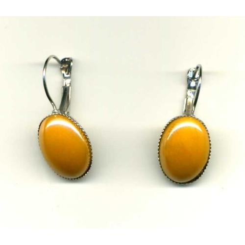 Paire De Boucles D'oreilles Dormeuses En Métal Argenté Avec Cabochon Ovale En Verre Jaune-Orangé (18x13 Mm) Longueur Totale 30 Mm