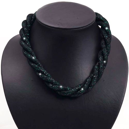 Collier Stardust Tressé Torsadé 3 Rangs Strass Cristal Fermeture Magnétique Plaqué Or Vert