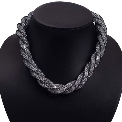 Collier Stardust Tressé Torsadé Strass Cristal Fermeture Magnétique Plaqué Or Gris