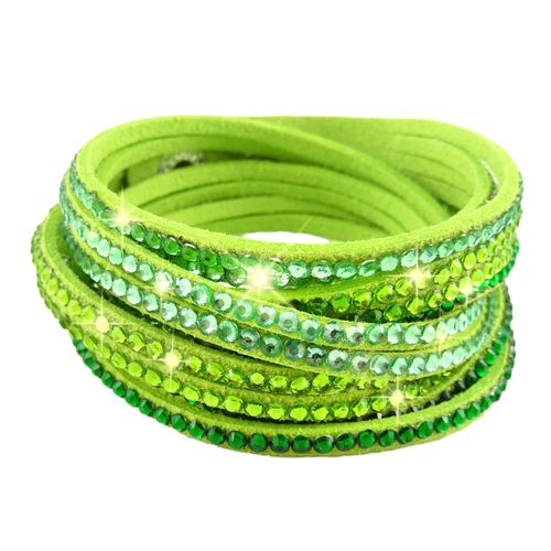 Bracelet Wrap Slake Cascade  Strass Brillant Cristal  En Cuir Daim Vert