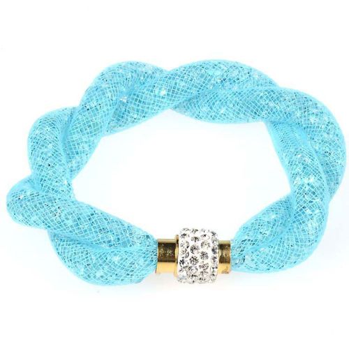 Bracelet Stardust Strass Fermeture Magnétique Plaqué Or Cristal Torsadé Tréssé Très Tendance Bleu Ciel