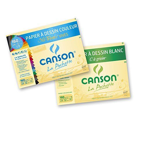 Canson 400061913 Lot De 2 Pochettes Papier À Dessin 12 Feuilles 24 X 32 Cm 1 C À Grain 180g Blanc Et 1 Mi-Teintes 160g Couleurs Vives