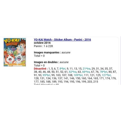 Yo-Kai Watch - Sticker Album - Panini - 2016 - Liste Des Images Pour Un Lot