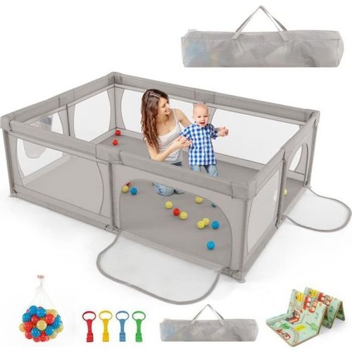 Costway Parc Bébé Avec Tapis Pliable En Xpe Sans Bpa Tissu Oxford 206×147×68,5cm Avec 2 Compartiments 50 Balles Océaniques Sac Gris