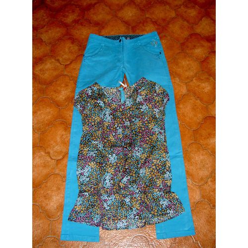 Ensemble Chemise Manches Courtes Noire Avec Fleurs Multicolores Et Pantalon Type Jean Uni Bleu-Vert Orchestra Lovely Girl Taille 14 Ans