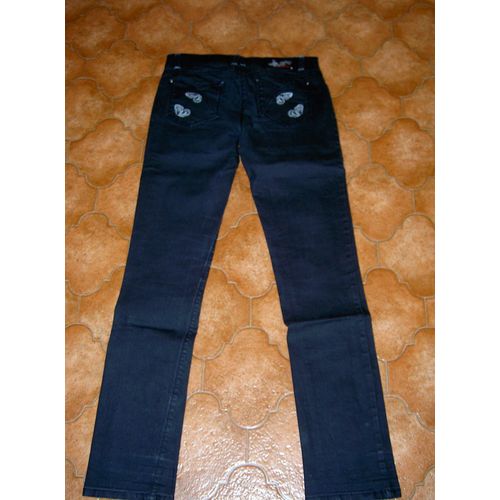 Pantalon Type Jean Noir Huilé Coupe Droite Motif Papillons Orchestra Taille 14 Ans