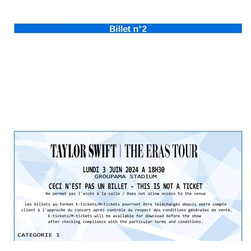 Billet De Concert Taylor Swift - The Eras Tour - 03 Juin 24 À Lyon