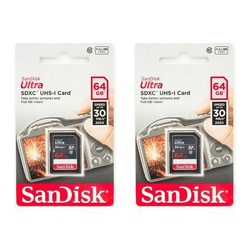 2pcs SanDisk Ultra 64 Go Carte mémoire SDXC Class 10 UHS-I 30 Mo/s