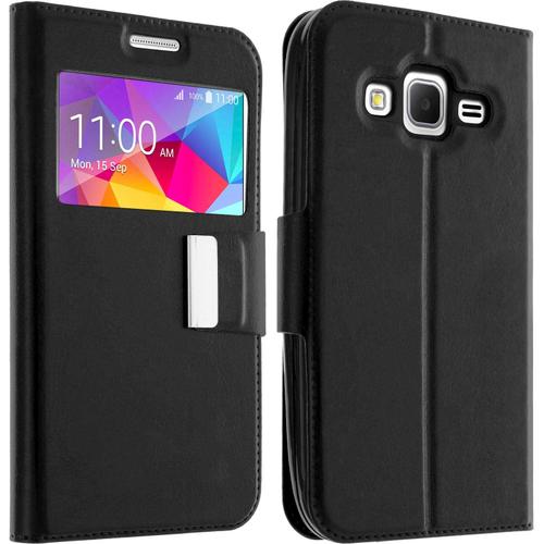 Housse Etui Clapet Samsung Galaxy Core Prime - Protection Noir + Chiffonnette Avizar