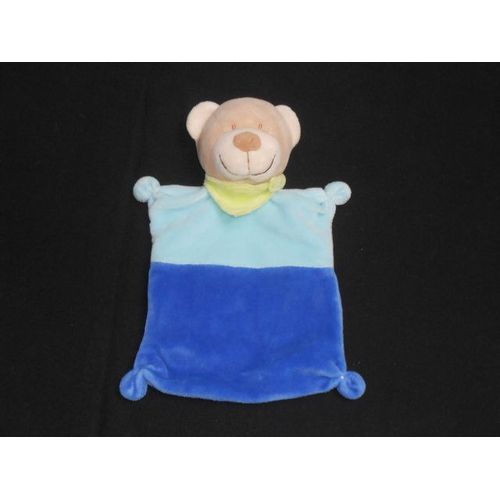 Doudou Plat Ours Beige Crème Bleu Clair Et Bleu Marine - Foulard Vert - Nouette - Nicotoy