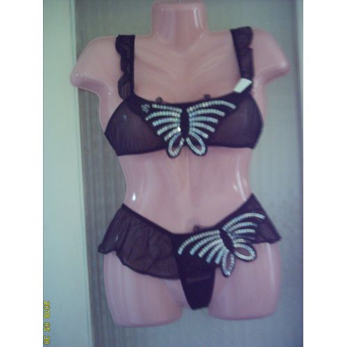 Ensemble Lingerie Brassière & String Jupette: Noir Ornée De Sequins Argentés. Marque: Paul Susi