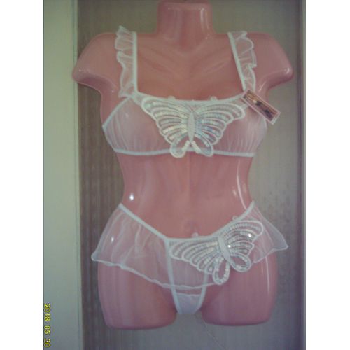 Ensemble Lingerie Brassière & String Jupette: Blanc Avec Sequins. Marque: Paul Susi