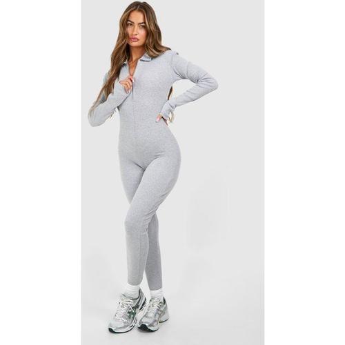 Soft Rib Zip Collar Unitard Jumpsuit - Gris - 14