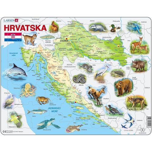 Puzzle 54 Pièces Puzzle Cadre - Carte De La Croatie Et De Ses Animaux (En Croate)