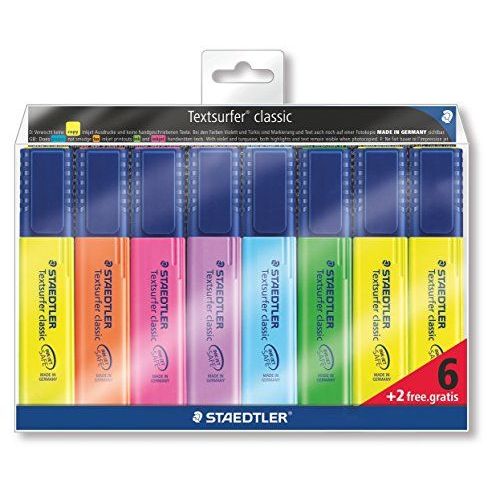 Staedtler Textsurfer Classic 364 Pack De 8 Surligneurs Pointe Biseau 1 À 5 Mm 6 + 2 Offerts Couleurs Assorties