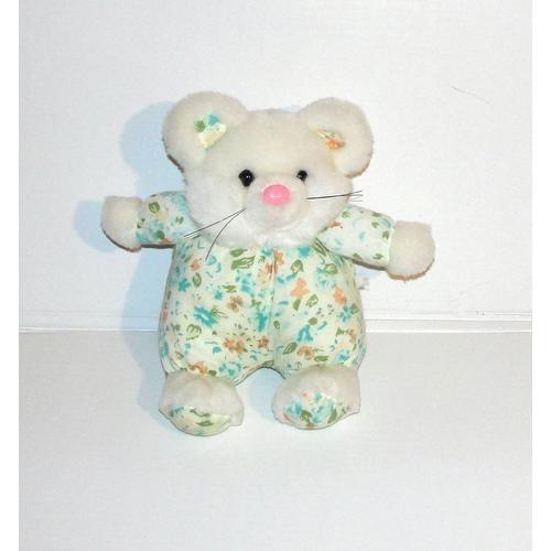 Souris Blanche Peluche Tissus Imprimé Nez Rose