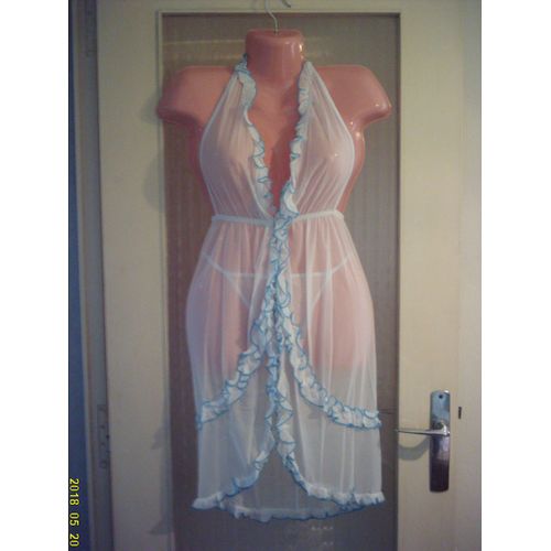 Longue Nuisette Sexy & String, En Blanc & Bleu, T : 38/ 40. Marque : Jenny