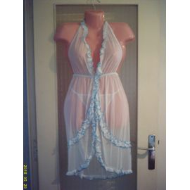 Longue Nuisette Sexy & String, En Blanc & Bleu, T : 38/ 40. Marque : Jenny