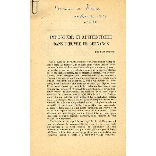 Imposture Et Authenticite Dans L'oeuvre De Bernanos (Tire A Part)