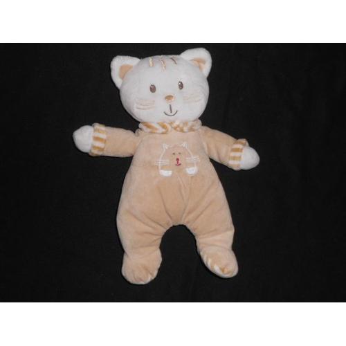 Doudou Peluche Chat Blanc Beige Crème - Rayé - 26 Cm - Vêtir Gémo