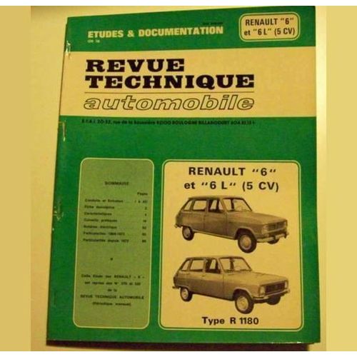 Rta Revue Technique Renault 6 Et 6 L ( 5 Cv ) R 1180 - Type Moteur 800-02 800-03 2 