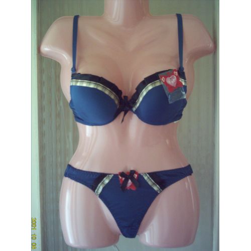 Ensemble Lingerie Soutien Gorge & String, En Bleu & Noir, Doré. Marque : F&p