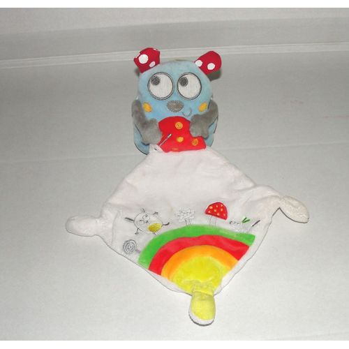 Doudou Hibou Gris Bleu Blanc À Pois Tissu Imprimé Cerise Et Son Mouchoir Blanc Arc En Ciel Pommette  