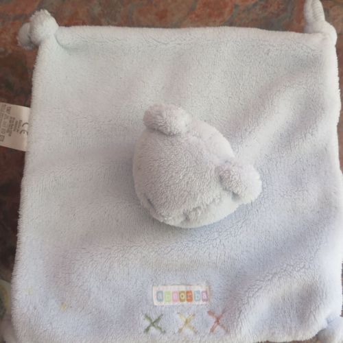 Doudou Ours Plat Carré Absorba Bleu Dessous Rayé Blanc Bleu