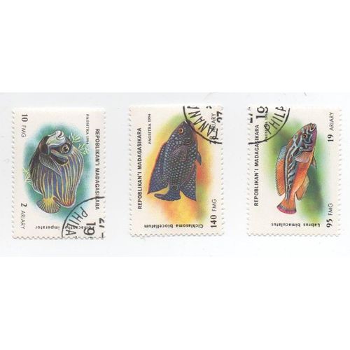 Timbre Poisson Lot 3 Madagascar Madagasikara Oblitere 1994