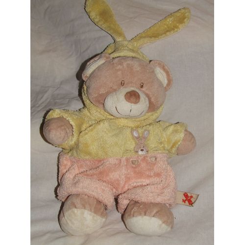 Ours Déguisé En Lapin Nicotoy Doudou Pyjama Jaune Saumon Peluche 