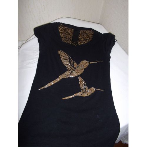 Top Haut Tshirt Noir Oiseau Perles Or Doré Phénix Colibri S 