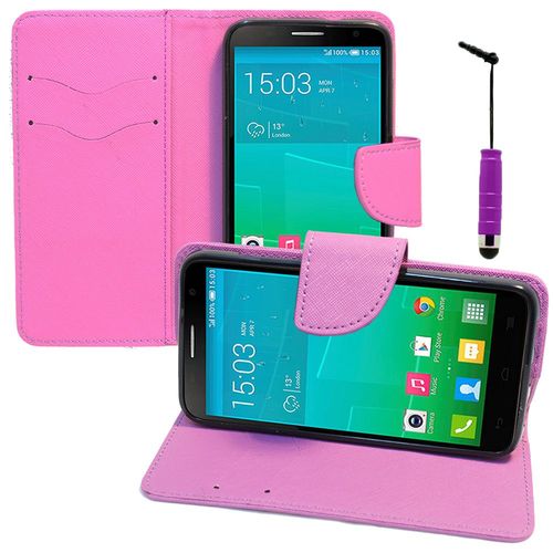 Etui Portefeuille Pour Alcatel Idol 2 S 5.0" Support Video Cuir Pu Effet Tissu - Violet + Mini Stylet