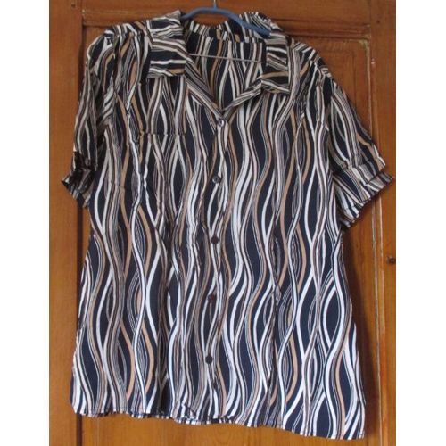 Lot De 2 Chemisiers Manches Courtes Avec Col Ouvert-Taille 52-100%Viscose-Effet De Rayures Asymétriques Noir/Beige/Blanc -Modèle Identique Vintage Afibel