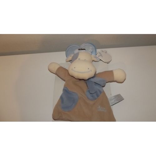 Doudou Plat Vache Grelot Beige Crème Tâches Bleu Tiamo