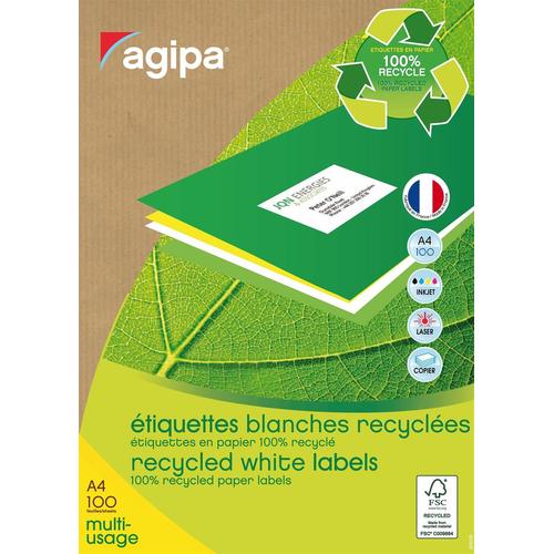 Agipa Lot De 3 Btes 100 Étiquette A4 210x297 Mm (1 X 100f A4) Multi-Usage Coin Droit Recyclé Blanc