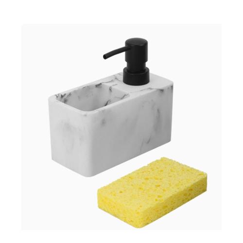 Distributeur de savon à vaisselle en résine blanche à motif marbré, avec porte-éponge, pour évier de cuisine, organisateur de comptoir pour évier de cuisine et salle de bains