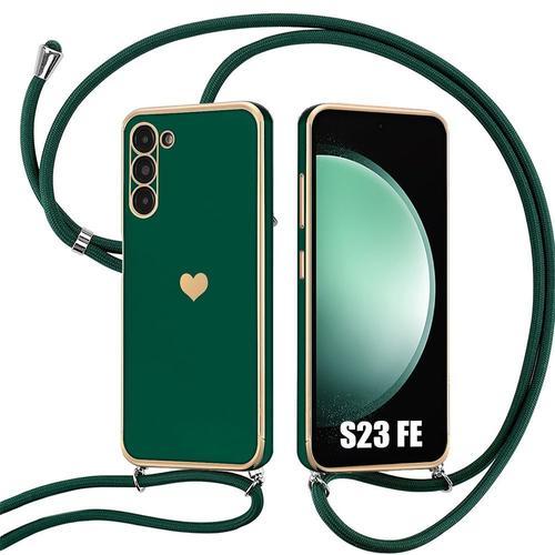 Coque Pour Samsung Galaxy S23 Fe (Pas Pour S23), Vert Nuit, Antichoc En Tpu Souple, Motif De CUr Plaqué, Cordon Réglable - E.F.Connection