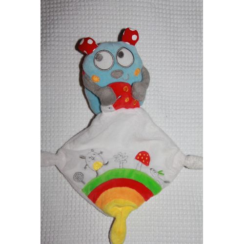 Doudou Pommette Chouette Hibou Bleu Mouchoir Blanc