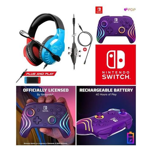 CASQUE NINTENDO SWITCH ROUGE ET BLEU + Manette SANS FIL Bluetooth SWITCH PURPLE SWIT LED RVB Officielle Nintendo