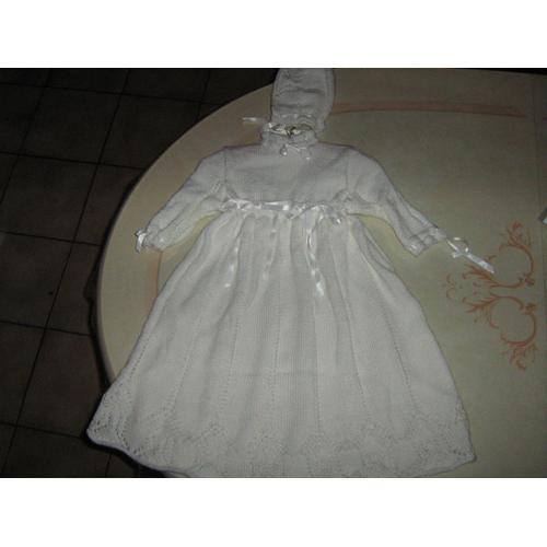 Robe De Baptême Et Bonnet T. 3/6 Mois Tricotés Main Neuf