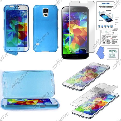 Ebeststar® Film Verre Trempé + Etui Portefeuille Rabattable Livre Housse Coque Silicone Gel Pour Samsung Galaxy S5 Sm-G900f, G900, G900h, Couleur Bleu