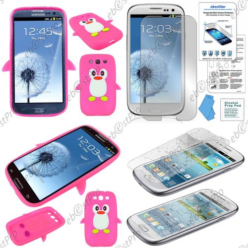 Ebeststar ® Etui Housse Coque Pingouin Silicone Souple Design Fun Pour Samsung Galaxy S3 I9300 I9305, Couleur Rose + Film Verre Trempé