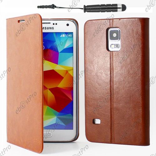 Ebeststar ® Housse Coque Etui Portefeuille Folio Book Livre Pu Cuir Pour Samsung Galaxy S5 Sm-G900f, G900, G900h, Couleur Marron + Mini Stylet + 1 Film Protection D'écran + Lingette