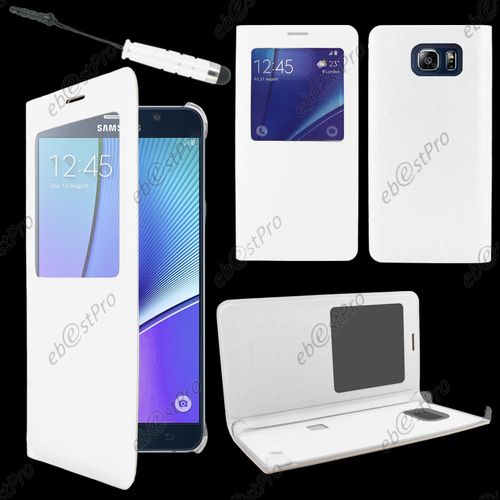 Ebeststar ® Housse Coque Etui Smart View Type S-View Portefeuille Pour Samsung Galaxy Note5 Sm-N920f Note 5, Couleur Blanc + Mini Stylet + 1 Film Protection D'écran + Lingette
